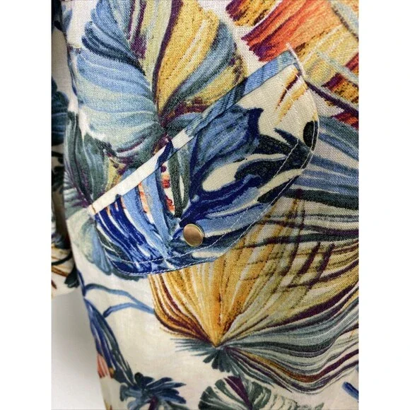 Chico’s Dress Hawaiian Floral Size 3 16/18 Linen Snap Up Pocket Drawstring Slits - Picture 13 of 16